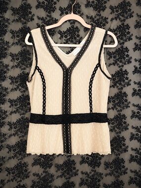 Worthington Cream Sleeveless Tank with Black Lace Trim| XL